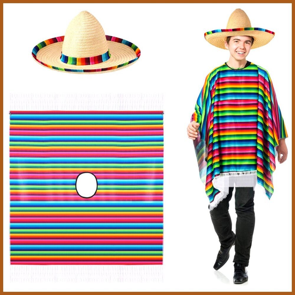 Polyester Mexican Serape Poncho and Sombrero Costume Set for Adults